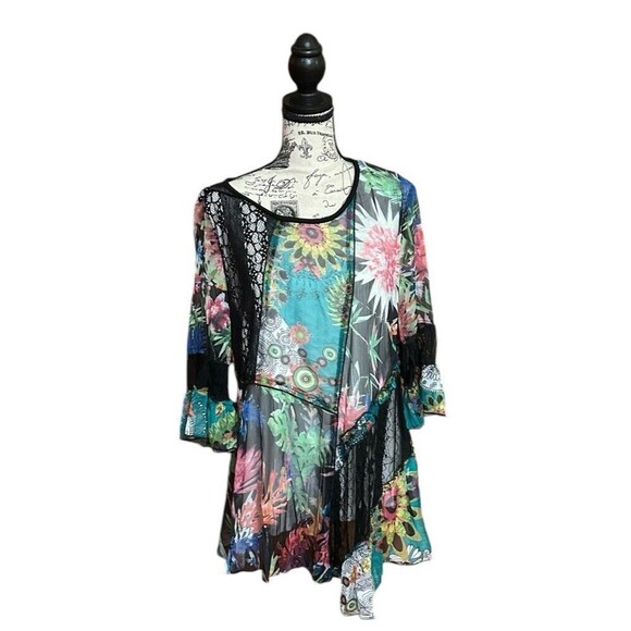 Dor Dor Couture Tops - Dor Dor Couture Top Womens Medium Black Floral Mesh Sheer Boho Artsy Retro Tunic
